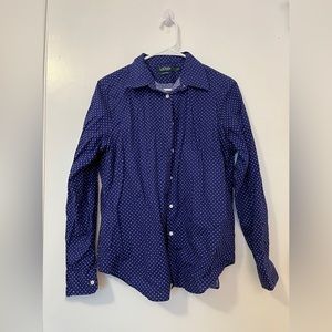 Lauren Ralph Lauren - Blue and White Polka Dot Button Down Stretch Non-Iron